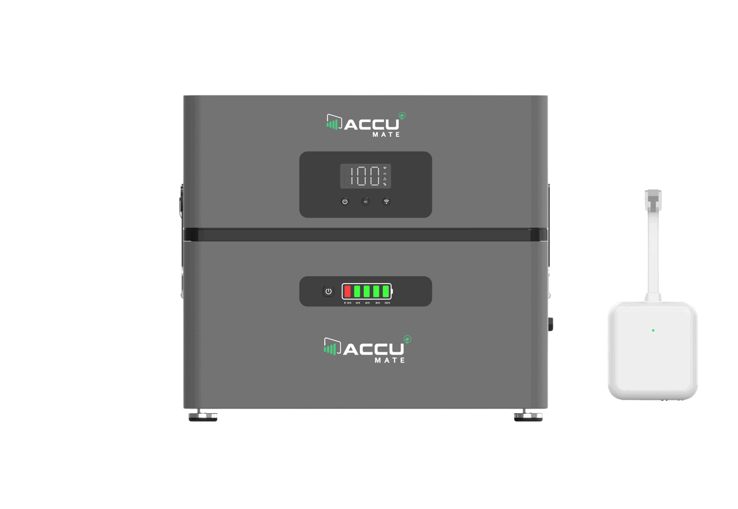 AccuMate 2,4 kWh systeemopstelling met de basisunit, één batterijmodule en de P1-meter
